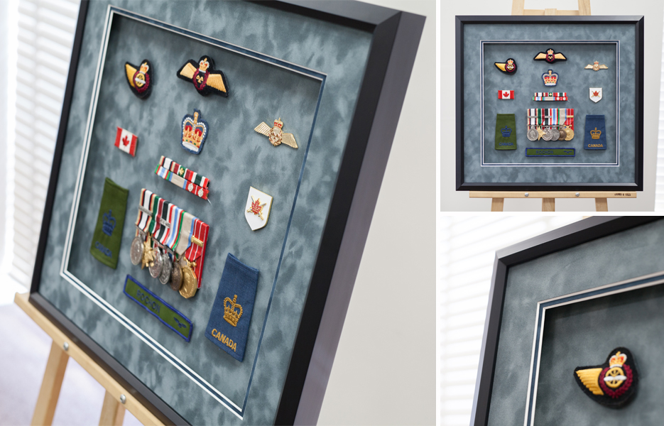 Military-collage-memorabilia-badges-medals-shadowbox-suade-matts-framemakers